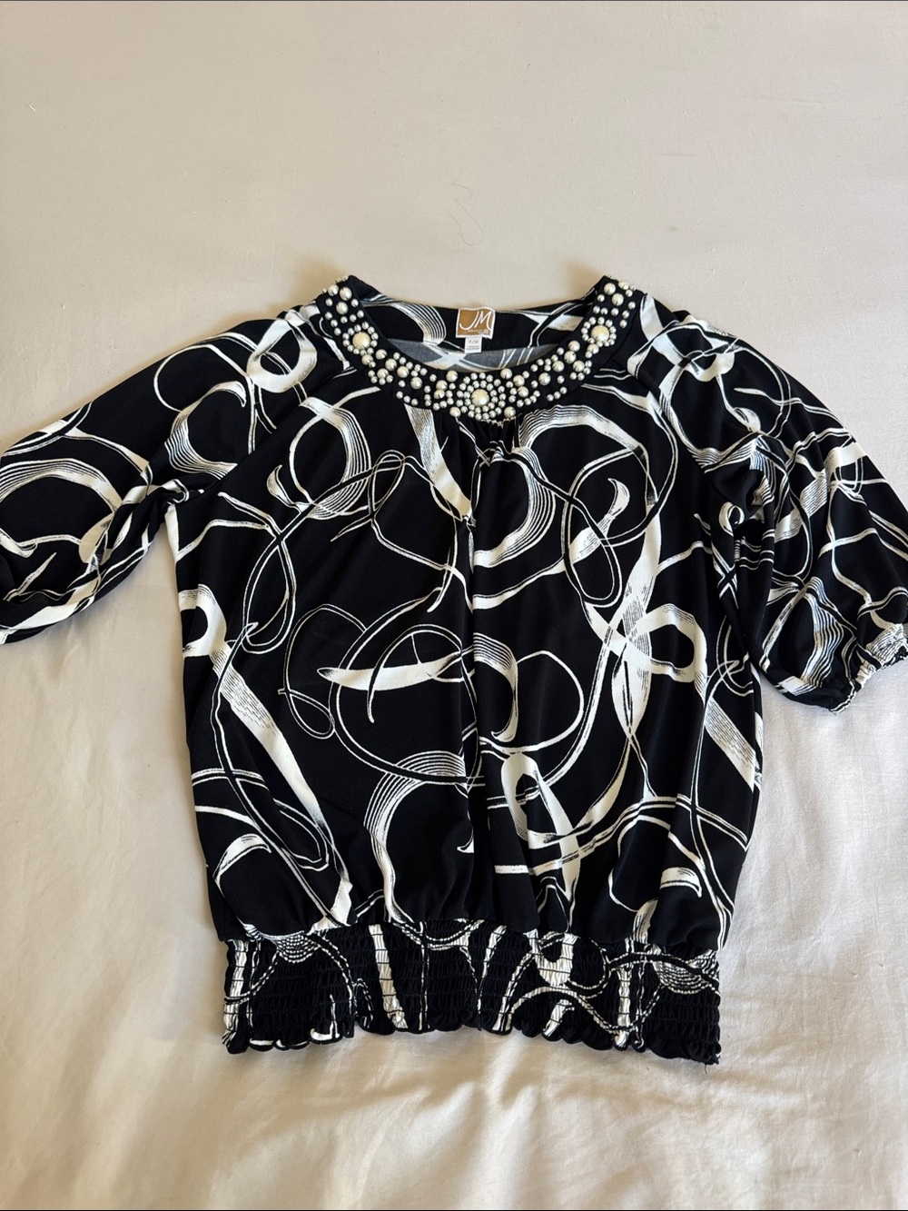 JM Collection Black & White Beaded-Neck Blouse